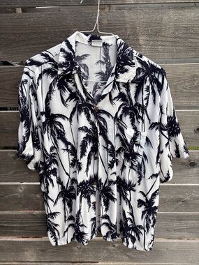 Men's Palm-Print Short-Sleeve Button-Down Shirt - Black & White